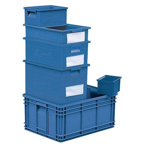 Stabelbar kasse – blå – længde 200 til 630 mm – 3,6 til 85 l