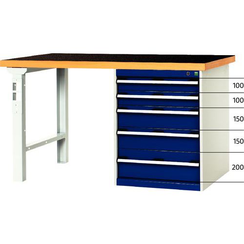 Cubio Combi arbejdsbord med 5 skuffer – Bredde 200 cm – arfenol